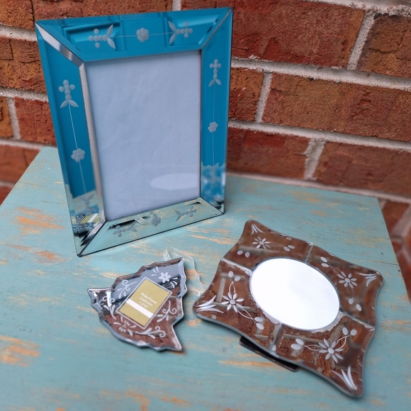 3 Mirror Frames Venetian Glass Beveled Edge Ornate Crystal Etched Flowers Tree - Picture 3 of 16